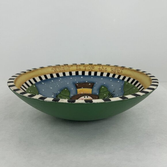 Hand-Painted Wooden Bowl 8" Snowman Design "Winter Is For The Birds" Rustic - Picture 2 of 6